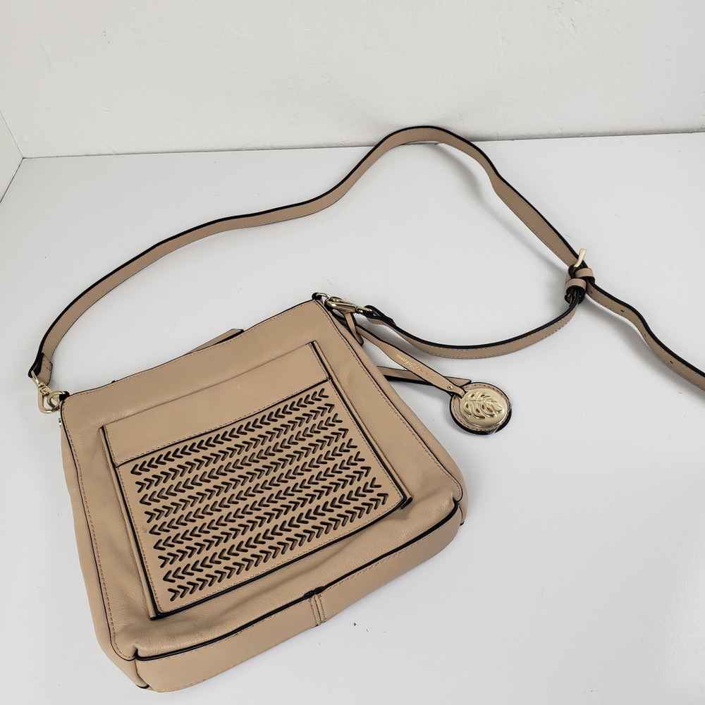 Tommy‎ Bahama Tan Leather Laser Cut Chevron Crossbody Bag Gold Hardware Charm